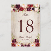 Rustic Woodgrain Burgundy Tischnummer Card (Rückseite)