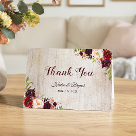Rustic Woodgrain Look Burgundy Floral Vielen Dank Dankeskarte