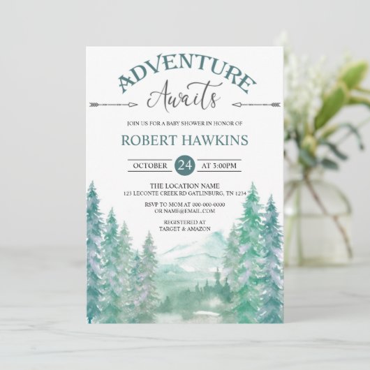 Rustic Woodland Adventure erwartet Baby Shower Inv Einladung (Stehend Vorderseite)