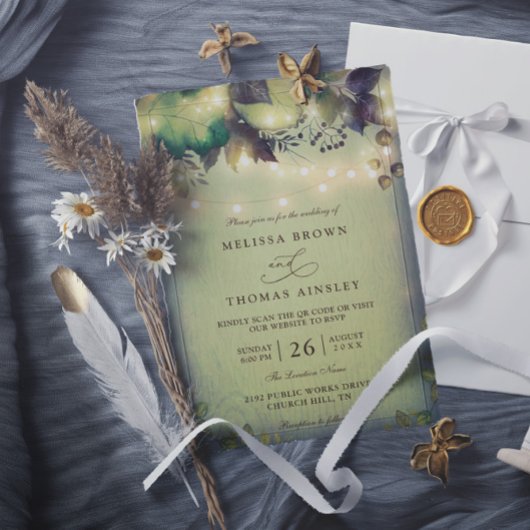 Rustic Woodland Barn String Lights QR Code Wedding Einladung