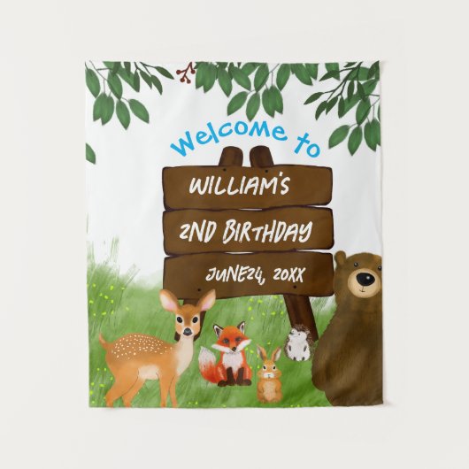 Rustic Woodland Birthday Party Forest Animals Wandteppich (Vorderseite)