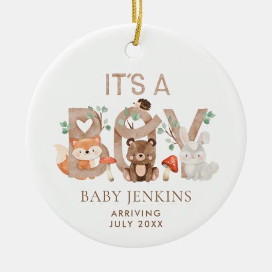 Rustic Woodland Christmas Baby Boy Ankündigung Keramik Ornament (Vorne)