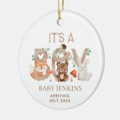 Rustic Woodland Christmas Baby Boy Ankündigung Keramik Ornament (Links)