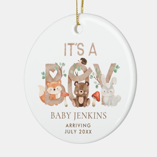 Rustic Woodland Christmas Baby Boy Ankündigung Keramik Ornament (Links)