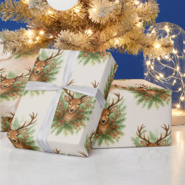 Rustic Woodland Deer Head with Winter Foliage -  Geschenkpapier