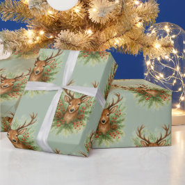 Rustic Woodland Deer Head with Winter Foliage -  Geschenkpapier
