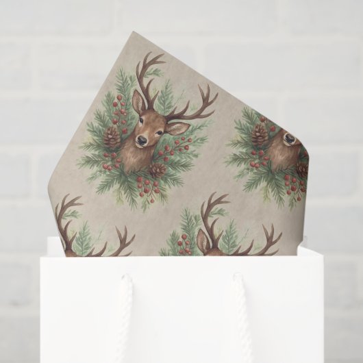 Rustic Woodland Deer Head with Winter Foliage - Seidenpapier (Geschenktüte)