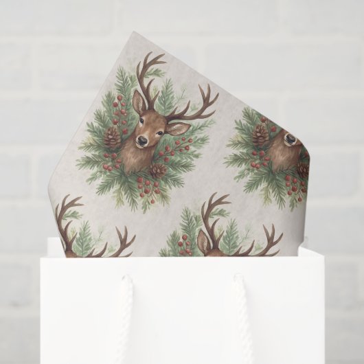 Rustic Woodland Deer Head with Winter Foliage - Seidenpapier (Geschenktüte)