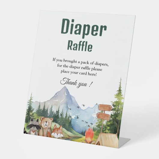 Rustic Woodland Diaper Tombola Baby Dusche Zeichen Sockelschild (Vorderseite)