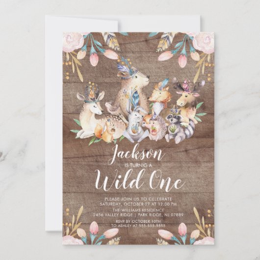 Rustic Woodland Friends Wild One Birthday Party Einladung (Vorderseite)