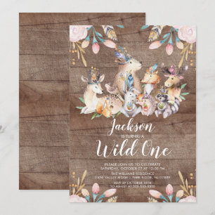 Rustic Woodland Friends Wild One Birthday Party Einladung