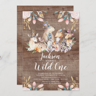 Rustic Woodland Friends Wild One Birthday Party Einladung