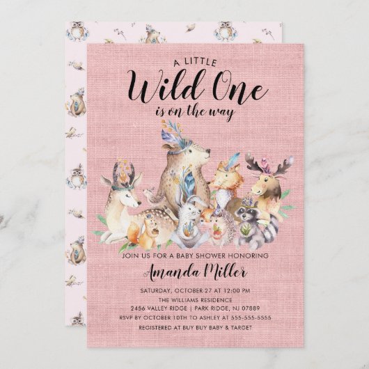 Rustic Woodland Friends Wild One Girls Baby Dusche Einladung (Vorne/Hinten)