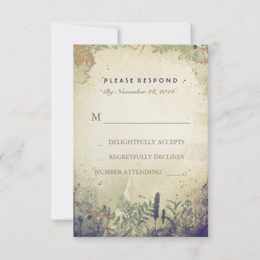 Rustic Woodland Navy Wedding RSVP Card Karte (Vorderseite)