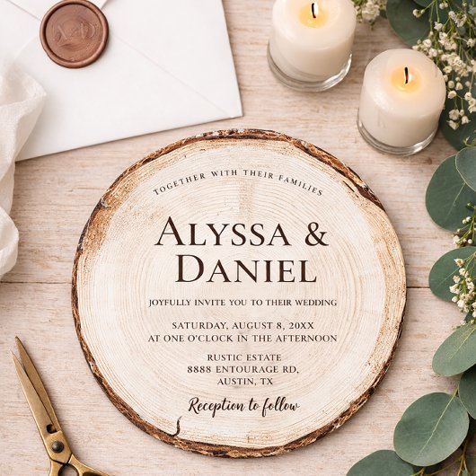 Rustic Woodland Round Wood Slice forest wedding Einladung
