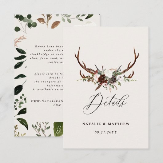 Rustic Woodland Wedding Details Card with Antlers Save The Date (Vorne/Hinten)