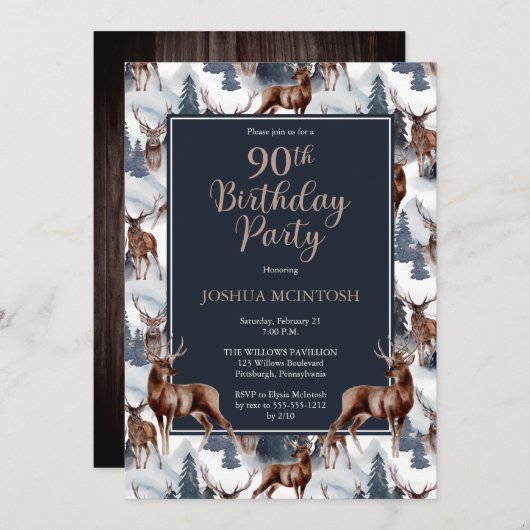 Rustic Woodsy Deer | Forest 90th Birthday Party Einladung (Vorne/Hinten)