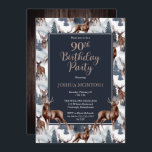 Rustic Woodsy Deer | Forest 90th Birthday Party Einladung<br><div class="desc">Celebrate his birthday in rustic woodsy style with this deer nature pattern,  outdoor-themed "Birthday Party" design featuring a variety of deer with evergreen fir trees,  mountains and snow on a white background on front and a rustic faux dark wood background on back.  Composite design by Holiday Hearts designs.</div>
