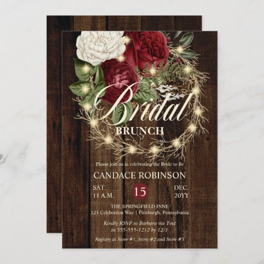 Rustic Woodsy Lighted Wreath Bridal Brunch Einladung (Vorne/Hinten)