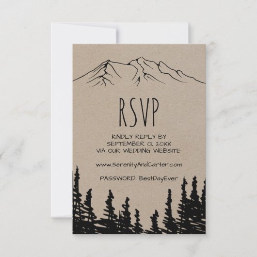 Rustic Woodsy Mountain Wedding Website RSVP Card Karte (Vorderseite)