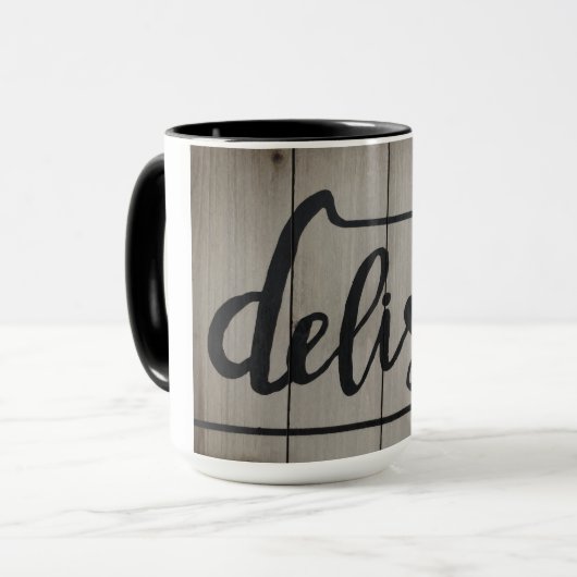 Rustic Woodtone DELISH Word Art Tasse (Vorderseite Links)