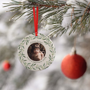 Rustic Wreath Baby's First Christmas Foto Holiday Keramik Ornament