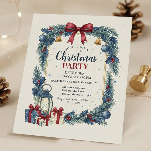 Rustic Wreath Christmas Party Invitation Blue Einladung