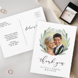 Rustic Wreath Elegant Wedding Vielen Dank Foto Postkarte<br><div class="desc">Einfache und moderne Kalligrafie Wedding Dankeschön-Karte mit einem bohligen Kranz von Aquarell grünen Olivenzweig. Für eine erweiterte Anpassung dieses Designs,  klicken Sie bitte auf den Button "Anpassen" oben! Matching-Elemente sind ebenfalls verfügbar.</div>