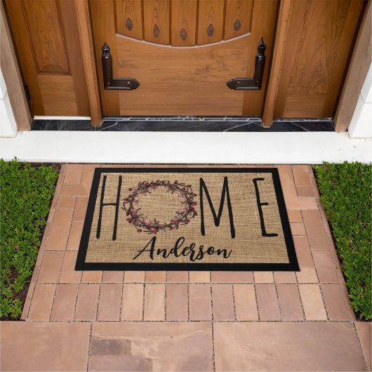 Rustic Wreath Faux Burlap Home Family Name Doormat Fußmatte (Außenbereich)