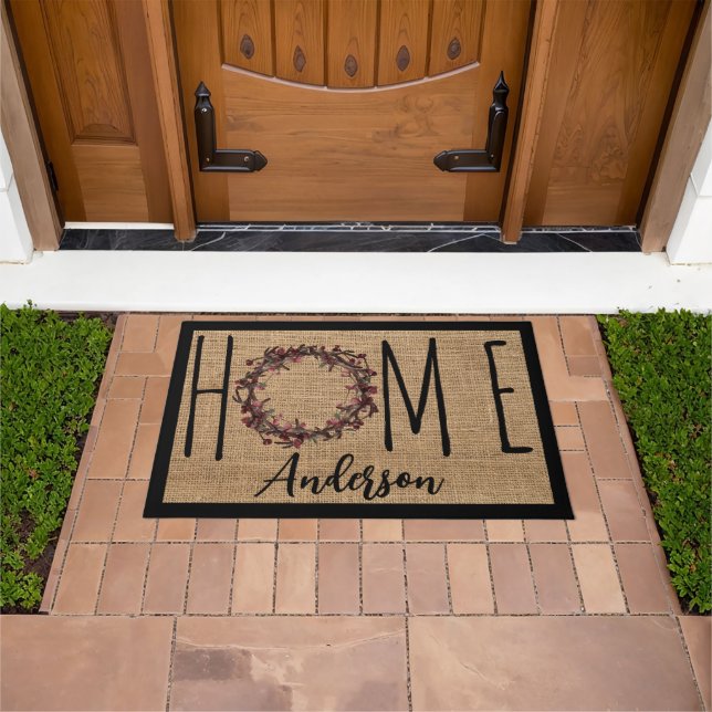 Rustic Wreath Faux Burlap Home Family Name Doormat Fußmatte (Außenbereich)