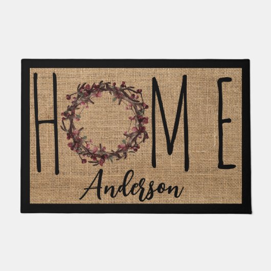 Rustic Wreath Faux Burlap Home Family Name Doormat Fußmatte (Vorderseite)