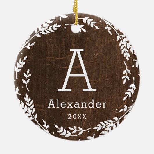 Rustic Wreath Photo and Monogram Keepsake Keramik Ornament (Hinten)