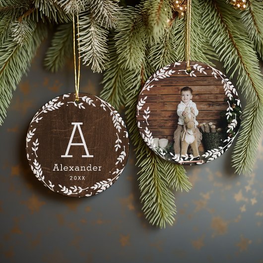 Rustic Wreath Photo and Monogram Keepsake Keramik Ornament