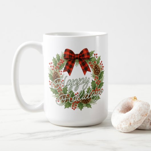 Rustic Wreath Red Black Checkered Bow Holiday Card Kaffeetasse (Mit Donut)