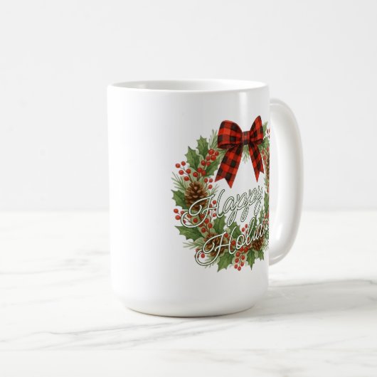 Rustic Wreath Red Black Checkered Bow Holiday Kaffeetasse (VorderseiteRechts)