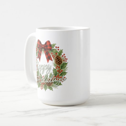 Rustic Wreath Red Black Checkered Bow Holiday Kaffeetasse (Vorderseite Links)