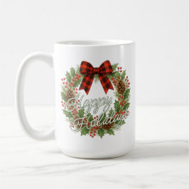 Rustic Wreath Red Black Checkered Bow Holiday Kaffeetasse