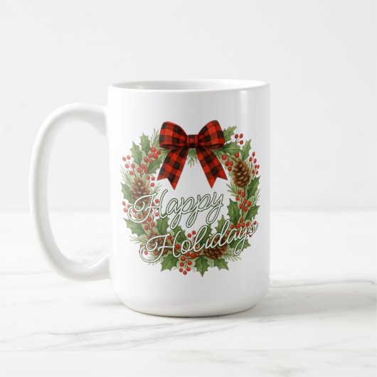 Rustic Wreath Red Black Checkered Bow Holiday Kaffeetasse (Links)