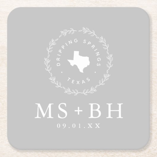 Rustic Wreath Texas Wedding Monogram | Grau Rechteckiger Pappuntersetzer (Vorderseite)