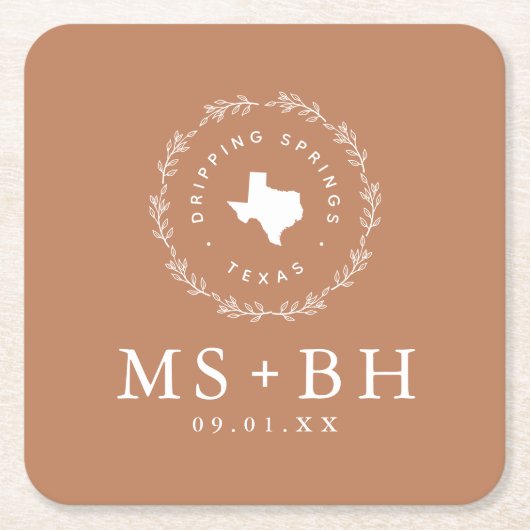 Rustic Wreath Texas Wedding Monogram | Terra Cotta Rechteckiger Pappuntersetzer (Vorderseite)