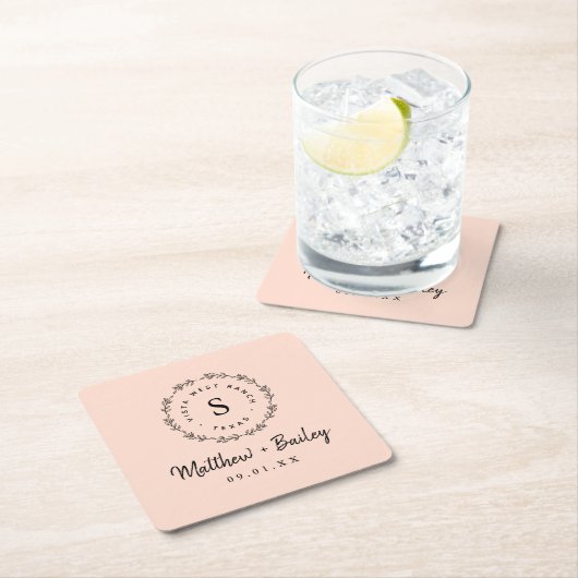 Rustic Wreath Wedge Monogram | Blüte Rechteckiger Pappuntersetzer (Vor Ort)