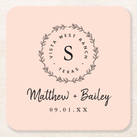 Rustic Wreath Wedge Monogram | Blüte Rechteckiger Pappuntersetzer (Vorderseite)