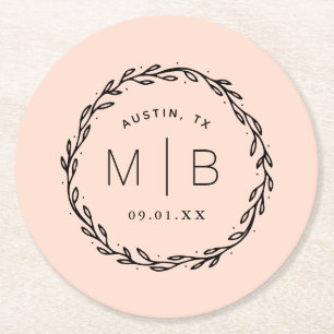 Rustic Wreath Wedge Monogram Blüte Runder Pappuntersetzer
