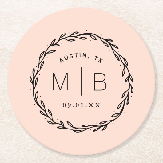 Rustic Wreath Wedge Monogram | Blüte Runder Pappuntersetzer (Vorderseite)