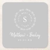 Rustic Wreath Wedge Monogram | Grau Rechteckiger Pappuntersetzer (Vorderseite)