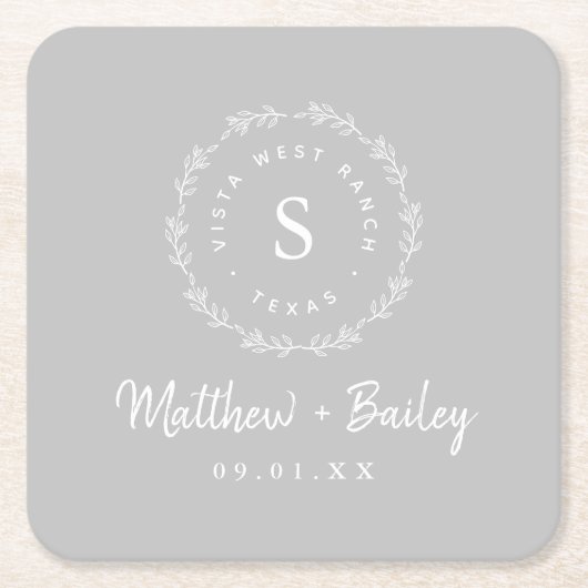 Rustic Wreath Wedge Monogram | Grau Rechteckiger Pappuntersetzer (Vorderseite)