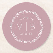 Rustic Wreath Wedge Monogram | Mauve Runder Pappuntersetzer (Vorderseite)