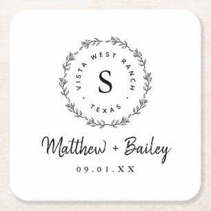 Rustic Wreath Wedge Monogram Rechteckiger Pappuntersetzer