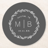 Rustic Wreath Wedge Monogram Runder Pappuntersetzer (Vorderseite)