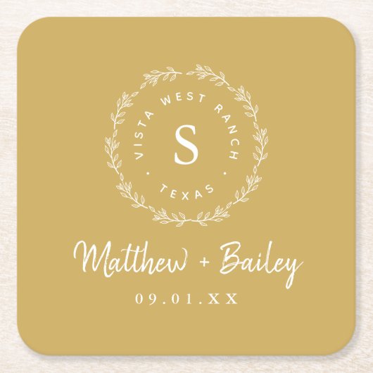 Rustic Wreath Wedge Monogram | Senf Yellow Rechteckiger Pappuntersetzer (Vorderseite)